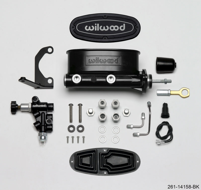 Wilwood HV Tandem M/C Kit w L/H Bracket & Prop Valve - 15/16in Bore Black-W/Push. - Early Mustang